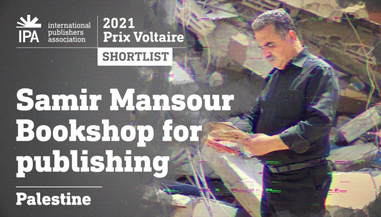 Flyer for 2021 IPA Prix Voltaire Shortlist with focus on Samir Mansour Bookshop for Publishing