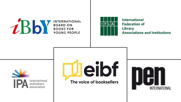 Logo composite featuring logos for IBBY, IFLA; IPA, EIBF and PEN International