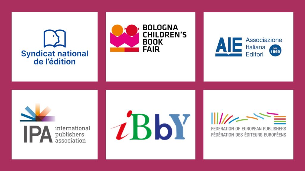 BCBF26 composite logos for IPA, IBBY, AIE, SNE; FEP and Bologna Children's Book Fair on Reading